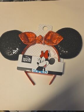 Disney Minnie Mouse Black Sequin Ear Headband with Orange Bow